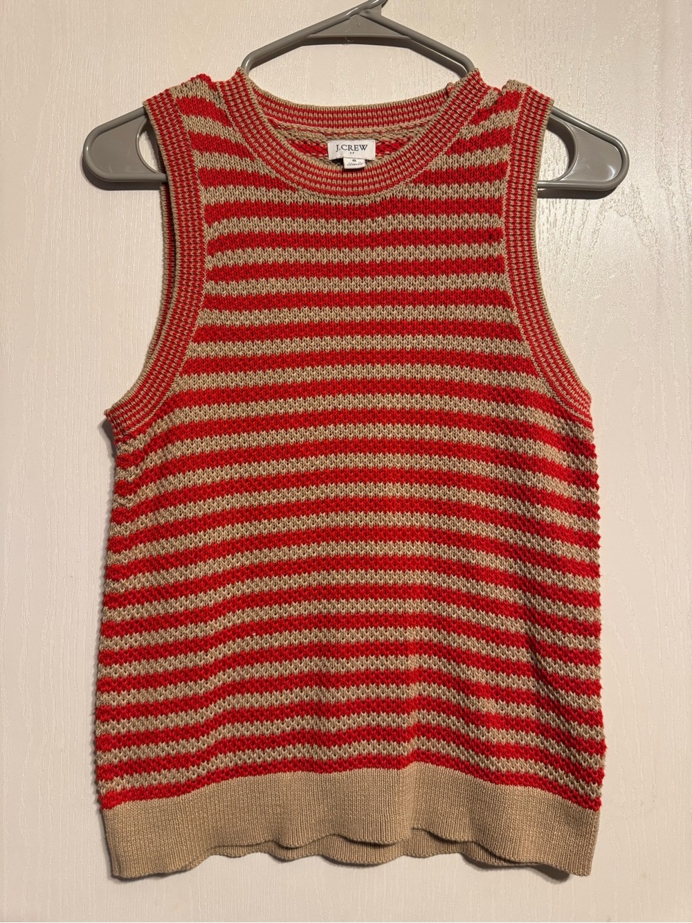 J. Crew Red and Cream Striped Knit Sleeveless Crewneck